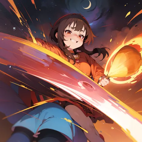 highly detailed, masterpiece, anime style, megumin from konosuba casting massive magical explosion, big happy grin