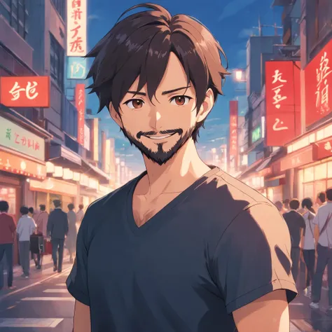 (Front view:1.4),Groomed beard,40-year-old dandy man,Composition of the upper body,Makoto Shinkais painting style,japanes,(A smile:1.3),Ridicule,A tall man,a beard, Delicate facial features like an actor,Short-haired true black hair, (Black Y-shirt:1.4), I...