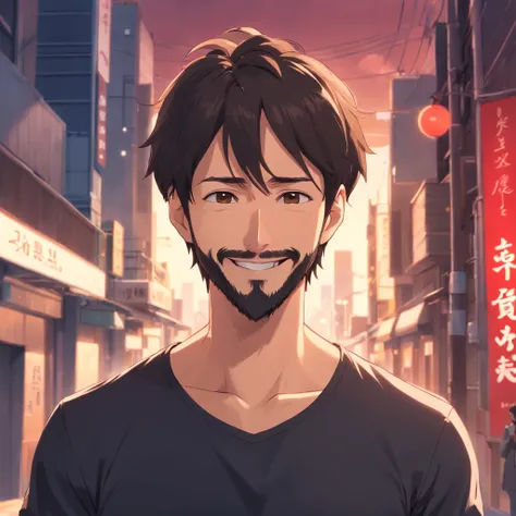 (Front view:1.4),Groomed beard,40-year-old dandy man,Composition of the upper body,Makoto Shinkais painting style,japanes,(A smile:1.3),Ridicule,A tall man,a beard, Delicate facial features like an actor,Short-haired true black hair, (Black Y-shirt:1.4), I...