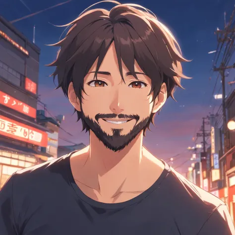 (Front view:1.4),Groomed beard,40-year-old dandy man,Composition of the upper body,Makoto Shinkais painting style,japanes,(A smile:1.3),Ridicule,A tall man,a beard, Delicate facial features like an actor,Short-haired true black hair, (Black Y-shirt:1.4), I...