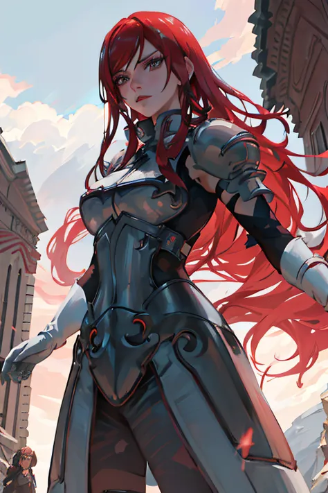 best quality,ultra-detailed,realistic,professional,illustration,Erza Scarlet, beautiful detailed eyes, beautiful detailed lips, extremely detailed eyes and face, long eyelashes, powerful and confident pose, red hair flowing in the wind, fierce expression, ...