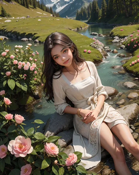 18-year-old beautiful indian girl，com um rosto quadrado，An affectionate smile，brunette color hair，cold light，closeup of face，mountain peaks，ln the forest，Hand pulled，small stream，grassy fields ，Stand next to the camellia，Hand pick a flower，A high resolutio...