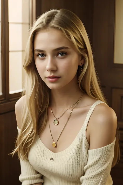 13 year old girl, Solo, Long hair, Breasts, view the viewer, Blonde hair, Bare shoulders, Brown eyes, jewelry, full bodyesbian, necklace, cropped shoulders, Sweater, Lips, Realistic, nase, Flirting with camera