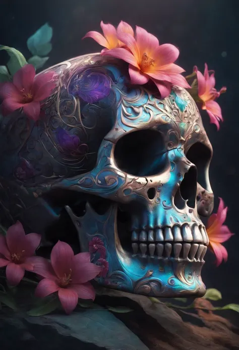 a close up of a skull with a flower on its head, fantasy skull, scary detailed art in color, scary color art in 4 k, sacred skull, conjuring psychedelic background, detailed digital artwork, calavera, sacred skulls, psychedelic illustration, sugar skull, s...