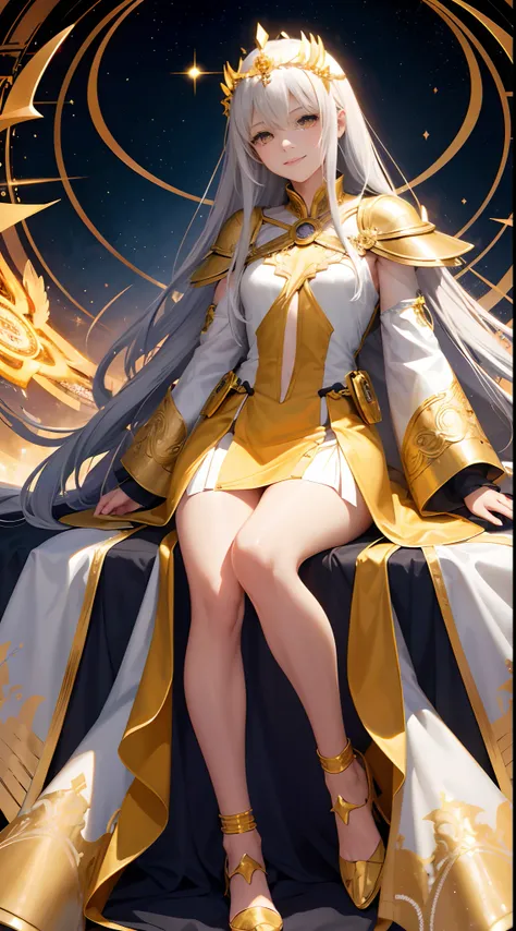 Full Body, Silver-haired young girl, golden eyes, angelic body and face, and a yellow sage robe with a mini skirt, wield a book, wear a cloak, shield, and golden circlet, sitting on the throne of yellow sun, yellow seraphic wings, yellow thunder, and light...