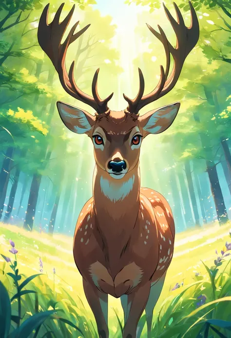 Detailed animated illustration of a brown deer exuding an aura of elegance, Big horns, Green eyes across the meadow