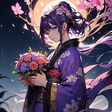 ((​masterpiece)),((top-quality))、Original Characters、Purple coat color、Kimono、Floral hair ornament、Manipulating the Darkness、Flowing in the wind、enemies