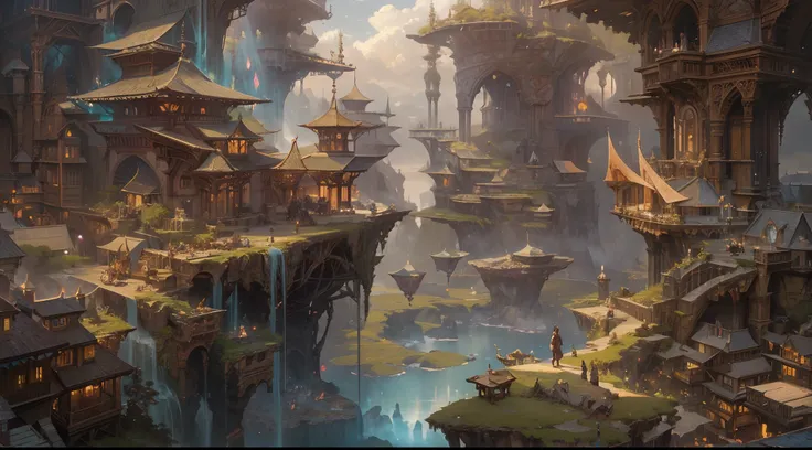 (by Greg Rutkowski: 1.2), (masterpiece), (best quality), extremely delicate and beautiful, illustration, (fantasy landscape), A mesmerizing fantasy landscape with enchanting elements blending seamlessly. (fantasy realm filled with fantasy creature), Provid...