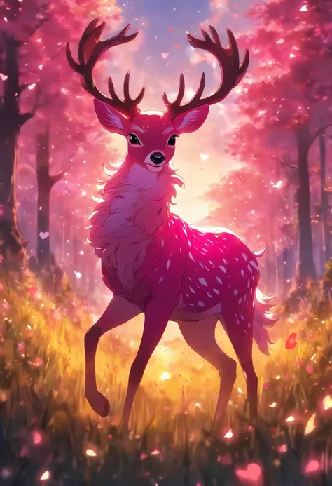 a detailed anime drawing of a ((pink)) deer with yellow eyes that gives off a aura of grace with large heart-shaped antlers dashing through a meadow by itself