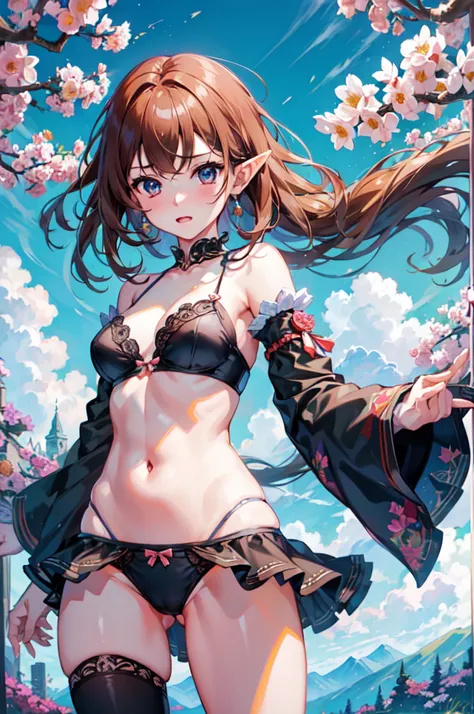 (best quality, 8k, masterpiece:1.2, nsfw,ultra-detailed,realistic,photorealistic),Cutest,Cute girl,solo,mesugaki,Beautiful face,Beautiful eyes,Beautiful hair, elf, Tucking up the skirt,Show panties,Panties focus,From below looking up,break,Lots of colorful...