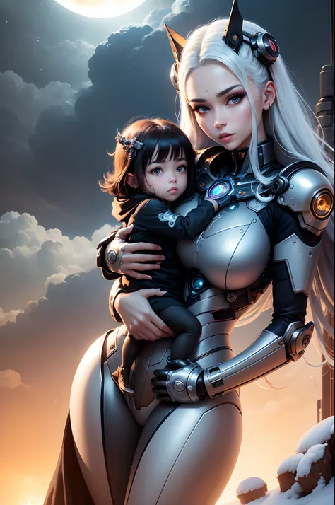 A mixed-race mother，Holding her human daughter in her arms，The background is realistic visuals of some evil robots，attractive beautiful，dramatic contrast，Gentle lighting，Delicate warmth，the soft light，hyper HD，
Extremely colorful，best qualityer，perfect fem...