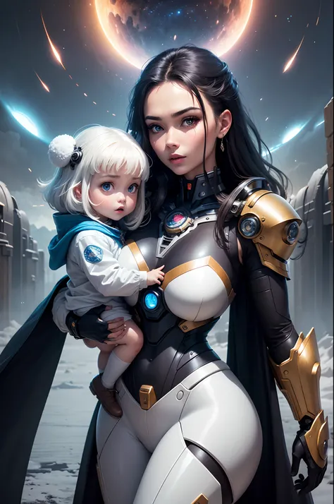 A mixed-race mother，Holding her human daughter in her arms，The background is realistic visuals of some evil robots，attractive beautiful，dramatic contrast，Gentle lighting，Delicate warmth，the soft light，hyper HD，
Extremely colorful，best qualityer，perfect fem...