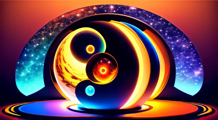 an entire solar system with big planets contained inside an aquarium forming the symbol of yin yang, super realistic, hyper detailed, dramatic lighting, 8k uhd, colorful neon colors, RGB.