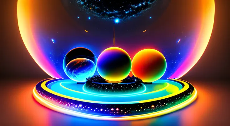 an entire solar system with big planets contained inside an aquarium forming the symbol of yin yang, super realistic, hyper detailed, dramatic lighting, 8k uhd, colorful neon colors, RGB.