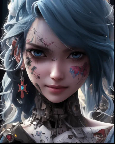 Un primer plano de una mujer con cabello azul y tatuajes, linda chica cyborg, Cyborg - Chica, Chica cyborg, Hermosa chica cyborg, Cyborg - Chica con cabello plateado, Hermosa cara de chica cyberpunk, Arte digital 4K altamente detallado, Hermosa chica cybor...