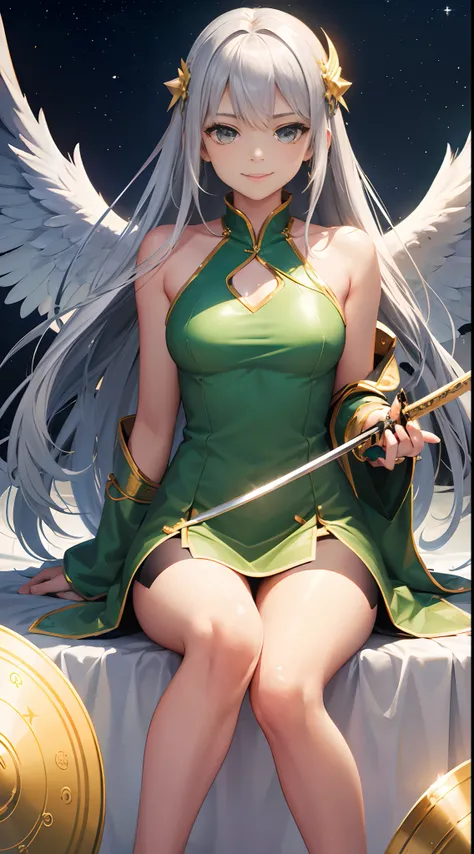 Full Body, Silver-haired young girl, golden eyes, angelic body and face, and a green ninja dress with a mini skirt, wield a katana, wear a cloak, shield, and golden circlet, sitting on the throne of green moon, green seraphic wings, green cloud, and wind b...