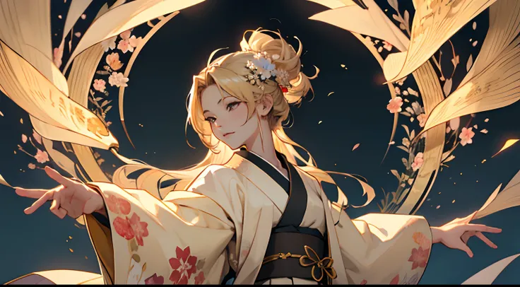 ((​masterpiece)),((top-quality))、Original Characters、Gold coat color、Kimono、Floral hair ornament、blondehair、Arms outstretched、Flowing in the wind、Manipulating Light