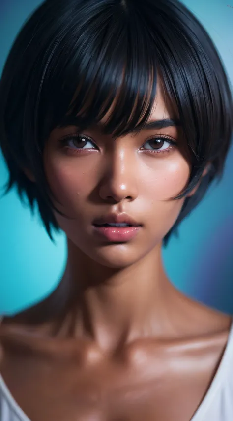 Dark-skinned tomboy girl with cut hair, Illustrated by Aoiro Studio and Masaaki Komori, hyper detailed, neons, lighting cinematic, peinture mate, illustrated in an oil painting style, Tendances sur ArtStation, Art contemporain, Surreal and dreamlike atmosp...