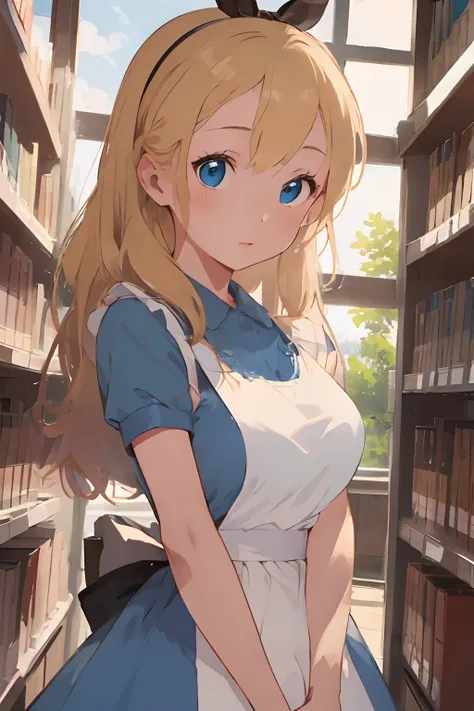 (​masterpiece、top-quality;1.3)、ighly detailed、1girl in、looking at the viewers、atlibrary、alice liddell、a blue dress、White Apron、Black Hair Band、Blonde long hair、big breast beauty、Bra is visible