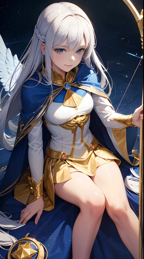 Full Body, Silver-haired young girl, golden eyes, angelic body and face, and a blue archer outfit with a mini skirt, wield a bow, and arrows, wear a cloak, shield, and golden circlet, sitting on the throne of blue moon, blue seraphic wings, deep sea, and w...