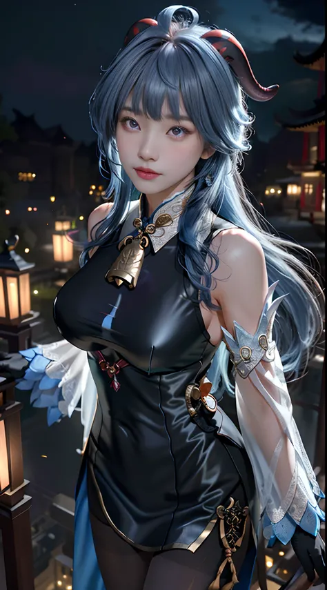 Masterpiece, (Photorealistic:1.5), Best quality, Beautiful lighting, Real life, Ganyu (Genshin Impact), 1girll, ahoge, architecture, bangs, Bare shoulders, bell, Black gloves, Black pantyhose, (Blue hair), Blush, Breasts, Chinese knot, Detached sleeves, ea...