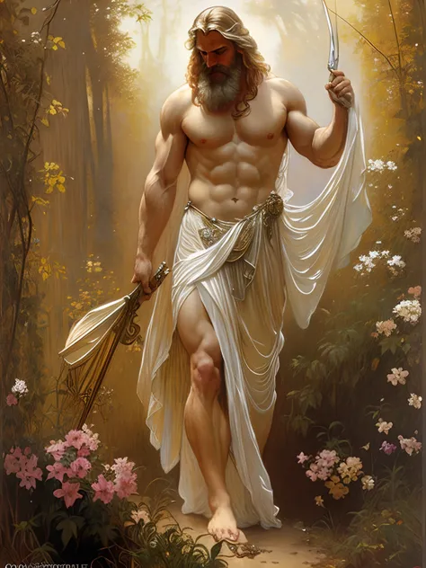 Portrait of an elegant stout mighty Zeus unleashing all his powers, digital painting in the style of Robert Liberace, dynamic action poses  of stout zeus, god of thunder, greek god, blond hair, male, mature, handsome, upper body, muscular, hairy torso, fan...