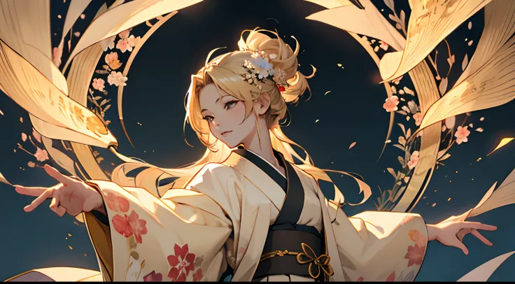 ((​masterpiece)),((top-quality))、Original Characters、Gold coat color、Kimono、Floral hair ornament、blondehair、Arms outstretched、Flowing in the wind、Manipulating Light