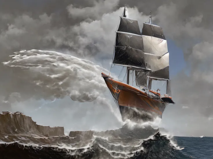 Futuristic super sailboat with the black hull flying through the clouds and far below the raging sea is very agitated by the huge waves that break on the cliffs in the distance