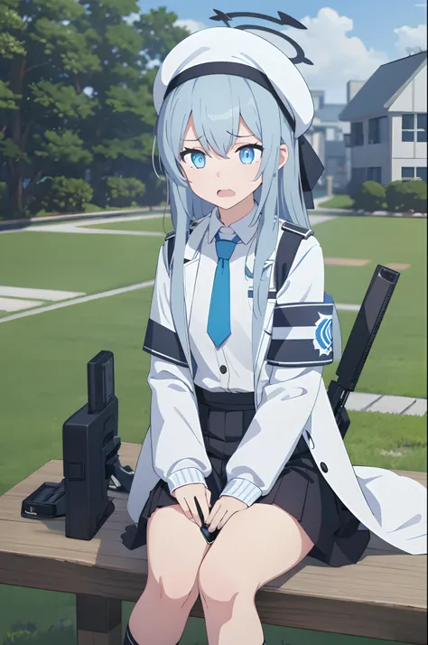 1girl, white messenger hat with black stripe, white captain hat, pastel blue hair, light hair, messy hair, messy long hair, white coat, black armband, council armband, white uniform with light blue vest, light blue vest, open coat, black uniform collar, bl...