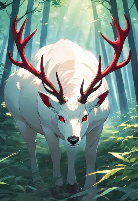 a detailed anime drawing of a huge calm ((white)) male deer with ((deep red eyes)) that gives off a dangerous aura with large dangerous antlers laying down while looking at the camera