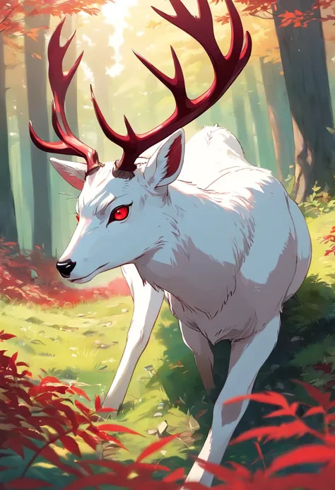 a detailed anime drawing of a huge calm ((white)) male deer with ((deep red eyes)) that gives off a dangerous aura with large dangerous antlers laying down while looking at the camera