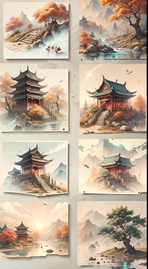 （Xu Beihong）（China - Chic Chinese autumn landscape，autumnal，eventide，riverbank，anatomy correct，Oriental elements），（China - Fashion illustration：1.5，Vector painting：1.5），（Chinese colors，senior color matching，gradient backgrounds，white backgrounid），（The is v...