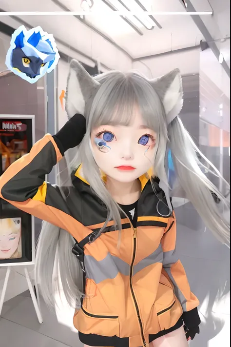 1girl, solo, wolf ear, blue eyes, yellow eyes, grey hair, orange jacket, black line jacket,