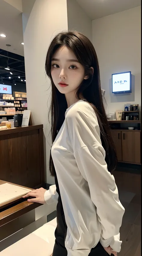 ​masterpiece、top-quality)、1 beutiful girl、Slim body、((Black and white plain clothes:1.1))、(Detailed beautiful eyes)、Walk around the store、((Boyish Brown Medium Hair))、((Smaller face))、((Neutral face))、((Face seen from the side))、((Light brown eyes))、((Kore...