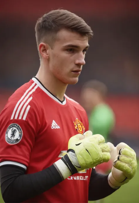 Homem Soccer Player in Manchester United, Goalkeeper, goalkeeper gloves, 18 year old man with pimples on his face