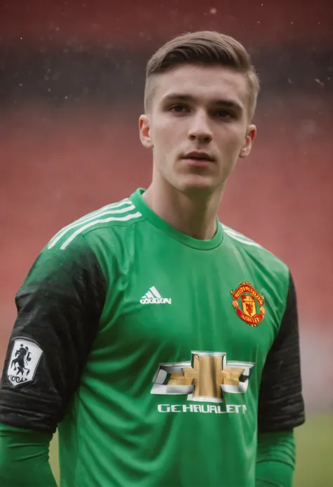 Homem Soccer Player in Manchester United, Goalkeeper, goalkeeper gloves, 18 year old man with pimples on his face