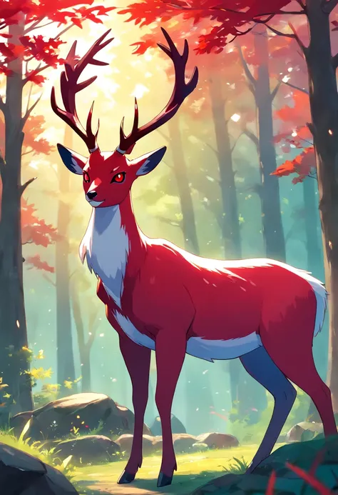 a detailed anime drawing of a huge calm ((white)) male deer resembling the ((pokemon xerneas)) with ((deep red eyes)) that gives off a dangerous aura with large antlers laying down while looking at the camera