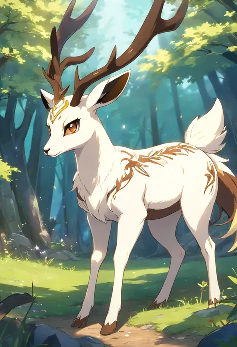 a detailed anime drawing of a huge ornate ((white and brown)) female deer resembling the ((pokemon xerneas)) with ((deep brown eyes)) and coming off of its body like armor that gives off a dangerous aura with large antlers laying down while looking at the ...