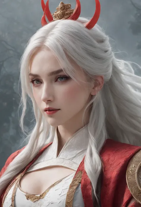 Cirilla Fiona Elen Riannon，动态照明，art  stations，poster for，Volumetriclighting，Very detailed faces，4k wallpapers，He has a delicate and beautiful face，long hair flowing，horse tailed，Fringed Hair Ornament，Dynamic perspective，White Hanfu，White gauze flying，red w...