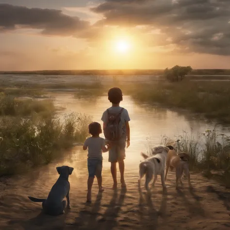 paisaje, puesta del sol, Children playing and dogs generates a video with the best copys