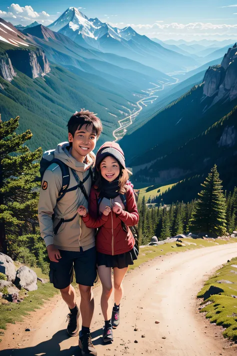 "Mountain adventure: On a trail or at a viewpoint with panoramic views, hold hands as you smile for the camera, Showing the emotion of the shared journey.”