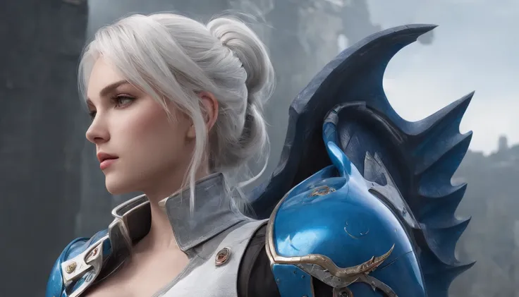 Cirilla Fiona Elen Riannon，Highest image quality，Outstanding details，超高分辨率，（Fidelity：1.4）, Favor the details，closeup cleavage，Ride a dragon，High-tech dragon knight mech，He has a delicate and beautiful face，（（Blue-white flying semi-mechanical fuselage：1.8））...