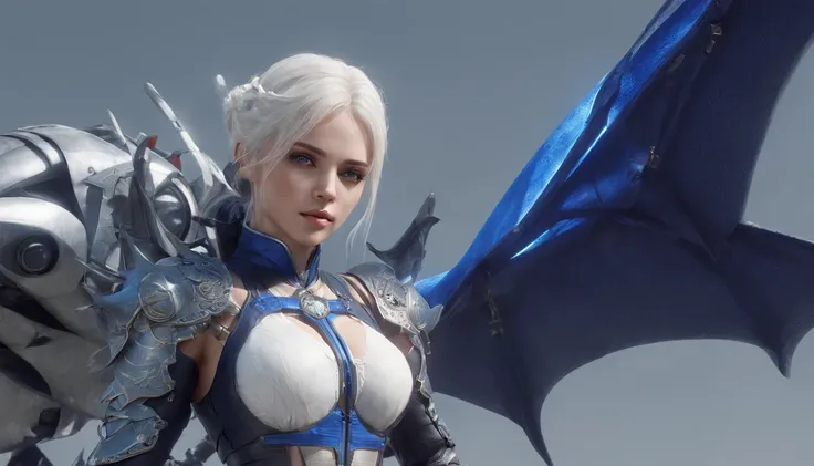 Cirilla Fiona Elen Riannon，Highest image quality，Outstanding details，超高分辨率，（Fidelity：1.4）, Favor the details，closeup cleavage，Ride a dragon，High-tech dragon knight mech，He has a delicate and beautiful face，（（Blue-white flying semi-mechanical fuselage：1.8））...