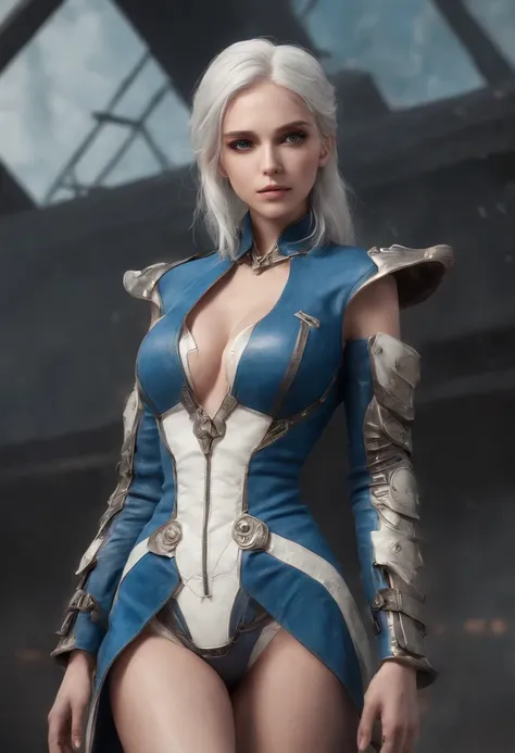 Cirilla Fiona Elen Riannon，Highest image quality，Outstanding details，超高分辨率，（Fidelity：1.4）, Favor the details，closeup cleavage，Ride a dragon，High-tech dragon knight mech，He has a delicate and beautiful face，（（Blue-white flying semi-mechanical fuselage：1.8））...