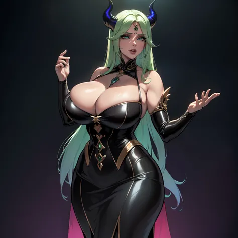 (cabelos pretos, olhos verdes:1.1) thicc succubus, (redes de pesca na altura da coxa:1.1), seductiveexpression, (belos olhos detalhados, beautiful detailed lips), (demon horns), (corpo voluptuoso), (atmosfera escura), (pose sensual), (soft lighting), (roup...