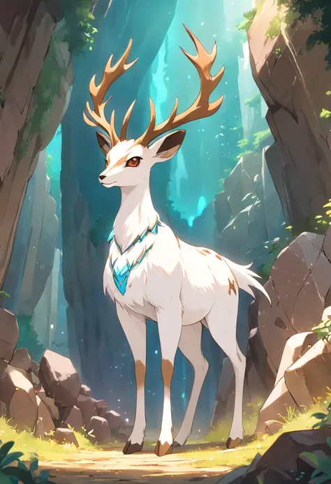 a detailed anime drawing of a huge ornate ((white and brown)) female deer resembling the ((pokemon xerneas)) with ((deep brown eyes)) and dark brown rocks surrounding its body like a suit of armor with large antlers standing inside of a cave