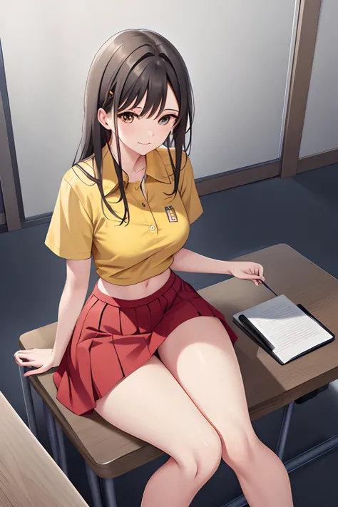 young school is sitting and writing.yellow shirt and red skirt.her skirt is open and see vigina realistic drawing