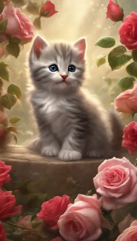 In this ultra-detailed CG art, cute kittens surrounded by ethereal roses, laughter, best quality, high resolution, intricate details, fantasy, cute animals, open mouths, laugh!!