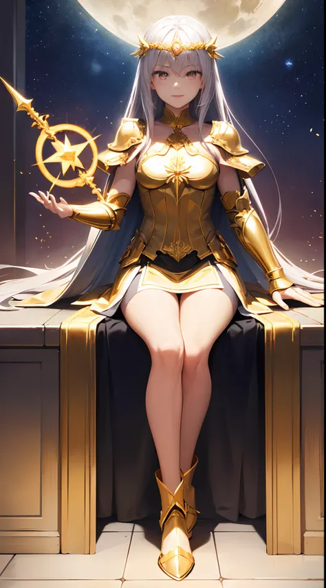 Full Body, Silver-haired young girl, golden eyes, angelic body and face, and a golden angelic armor with a mini skirt, wield a spear, wear a cloak, shield, and golden circlet, sitting on the throne of golden light, golden wings, sun, and moon background sc...