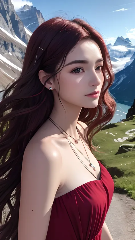 masterpiece,ultra realistic,32k,extremely detailed CG unity 8k wallpaper, best quality,
The Swiss Alps, Switzerland, ( Dark red A-line dress ) ,((spring day )), Beachy waves with a side part ,eardrop,lady ,necklace,